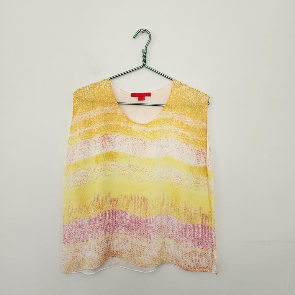 Shamask Womens 100% Silk Abstract Stripe Sleeveless Blouse Yellow Pink Size 1